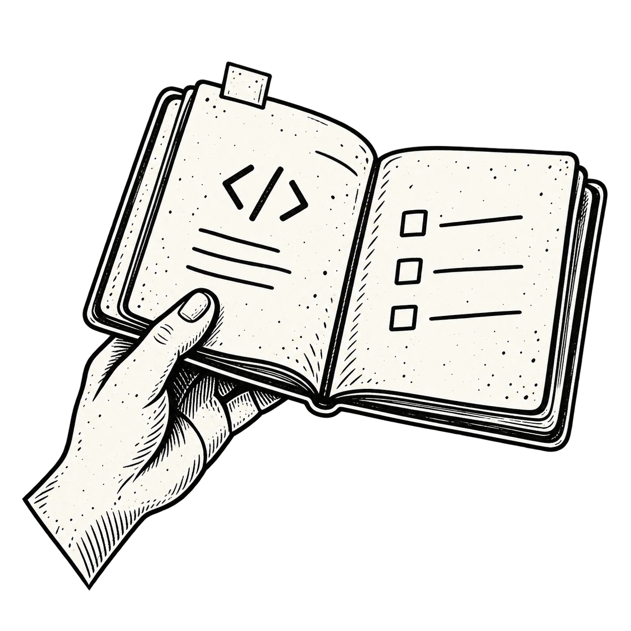 A hand holds a notebook of techniques and working notes.